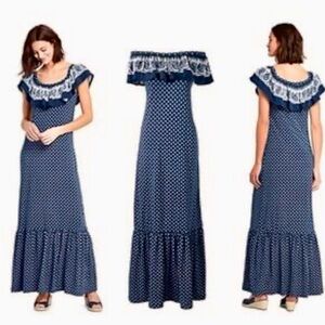 Lands' End Navy Blue & White Polka Dot Off the Shoulder Maxi Dress
